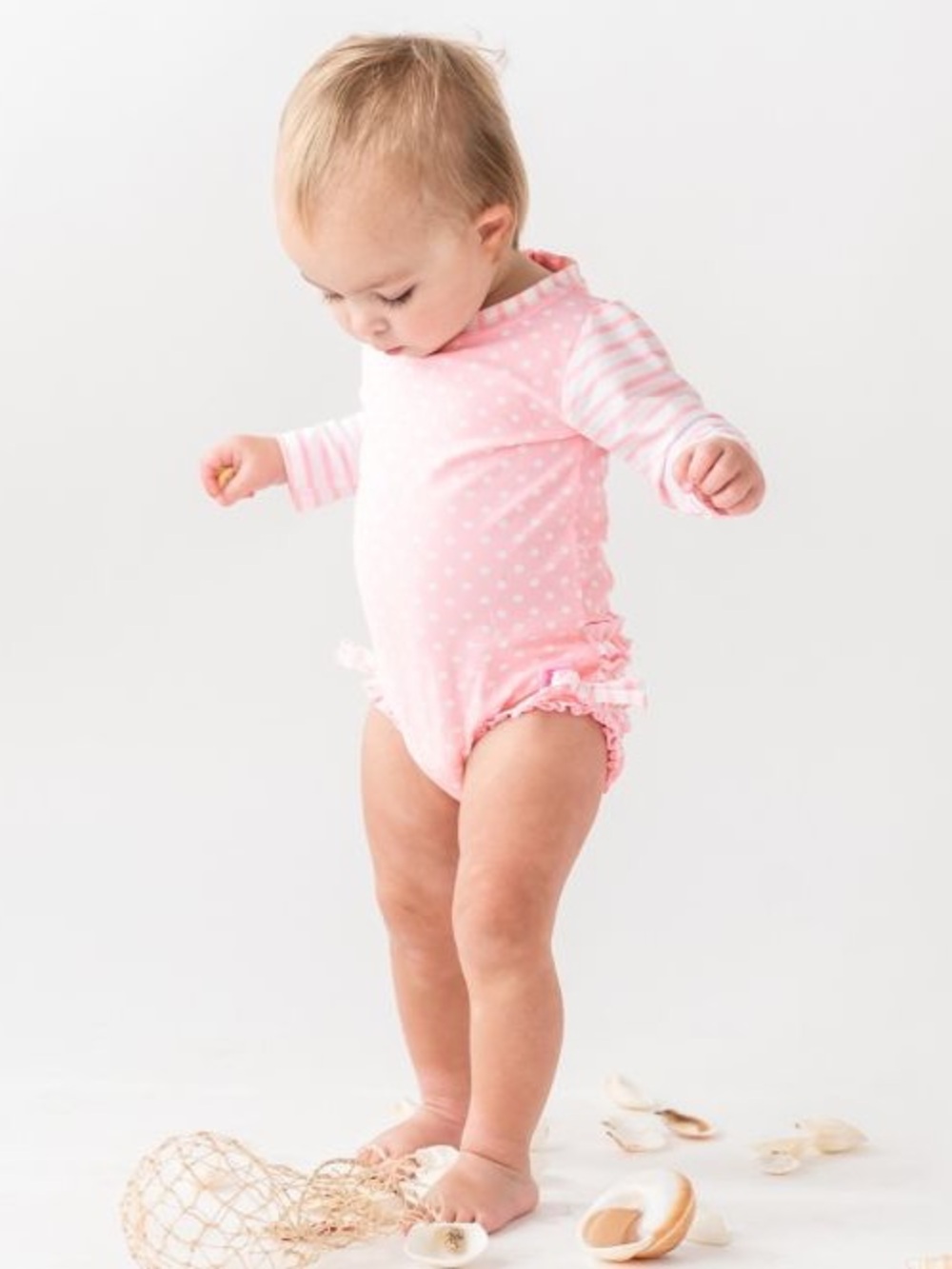 Ruffle Butts Pink Polka Dot Long Sleeve One Piece Rash Guard, 12-18 Months